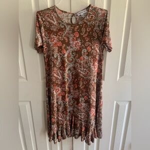 Women’s Small Paisley Floral‎ Brown Knee Length Ruffle Dress Southern Lady